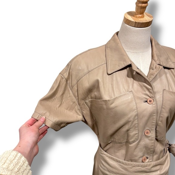 LaMatta Italian Gloveleather Buttery Soft Latte Brown Tan Wrap Shirt Dress - Picture 7 of 12